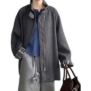 image:imagechouyatou Womens Stand Collar Wool Barn Jacket Vintage Plaid Trench Coat Zip Up Wool Blend Peacoat with PocketsGray