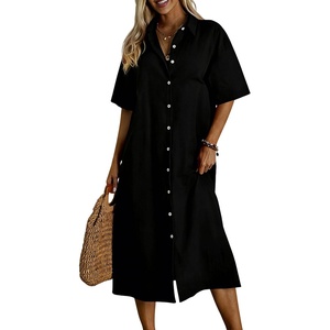 image:imagechouyatou Womens Summer Cotton Linen Shirt Dress Short Sleeve Casual Loose Tunic Dress Boho Beach Midi Long DressBlack
