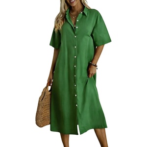 image:imagechouyatou Womens Summer Cotton Linen Shirt Dress Short Sleeve Casual Loose Tunic Dress Boho Beach Midi Long DressGreen