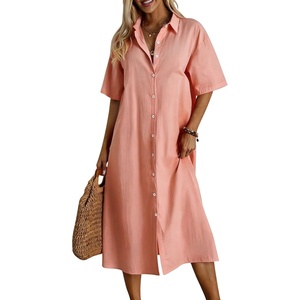image:imagechouyatou Womens Summer Cotton Linen Shirt Dress Short Sleeve Casual Loose Tunic Dress Boho Beach Midi Long DressPink
