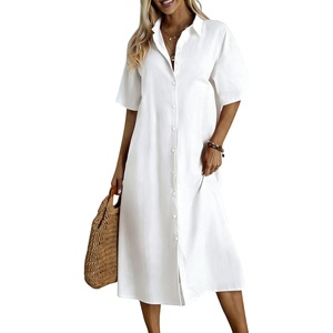 image:imagechouyatou Womens Summer Cotton Linen Shirt Dress Short Sleeve Casual Loose Tunic Dress Boho Beach Midi Long DressWhite