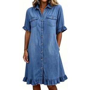 image:imagechouyatou Womens Summer Ruffled Denim Shirt Dress Short Sleeve Jean DressBlue