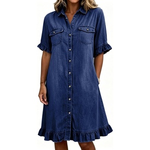 image:imagechouyatou Womens Summer Ruffled Denim Shirt Dress Short Sleeve Jean DressDark Blue