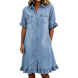 image:imagechouyatou Womens Summer Ruffled Denim Shirt Dress Short Sleeve Jean DressLight Blue