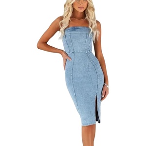 image:imagechouyatou Womens Summer Sexy Strapless Bodycon Denim Dress Side Slit Party Tube Dress Midi Jean DressesLight Blue
