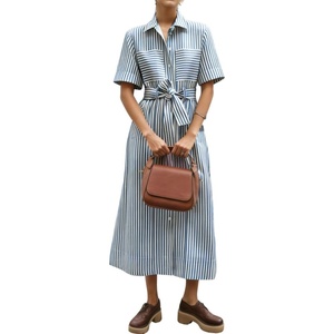 image:imagechouyatou Womens Summer Short Sleeve Striped Shirt Dress Casual Loose Belted Cotton Midi Long DressBlue
