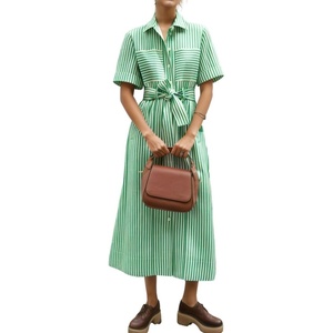 image:imagechouyatou Womens Summer Short Sleeve Striped Shirt Dress Casual Loose Belted Cotton Midi Long DressGreen