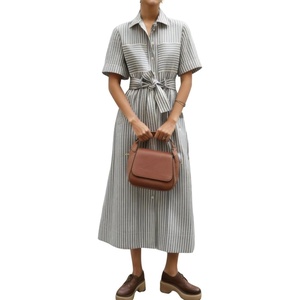 image:imagechouyatou Womens Summer Short Sleeve Striped Shirt Dress Casual Loose Belted Cotton Midi Long DressGrey