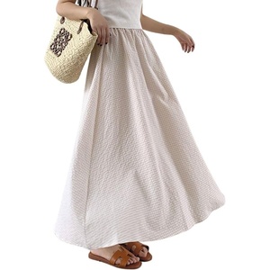 image:imagechouyatou Womens Vintage PlaidStriped Elastic Waist A Line Pleated Swing Bohemian Midi Long SkirtPlaid Apricot