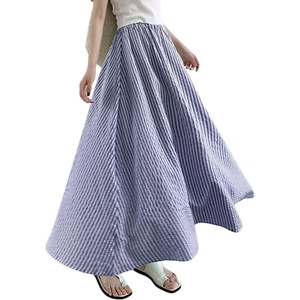 image:imagechouyatou Womens Vintage PlaidStriped Elastic Waist A Line Pleated Swing Bohemian Midi Long SkirtStriped Blue