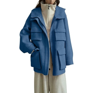 image:imagechouyatou Womens Winter Hooded Wool Coat Casual Loose Trench Pea Coat Zip Up Wool Blend Utility Safari JacketBlue
