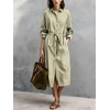 image:imagechouyatou Womens Boho Striped Belted Shirt Dress Button Down Long Sleeve Pleated Tunic Midi Long Dress with PocketsArmy Green