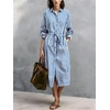 image:imagechouyatou Womens Boho Striped Belted Shirt Dress Button Down Long Sleeve Pleated Tunic Midi Long Dress with PocketsBlue
