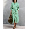 image:imagechouyatou Womens Boho Striped Belted Shirt Dress Button Down Long Sleeve Pleated Tunic Midi Long Dress with PocketsGreen
