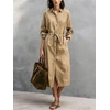 image:imagechouyatou Womens Boho Striped Belted Shirt Dress Button Down Long Sleeve Pleated Tunic Midi Long Dress with PocketsKhaki