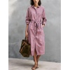image:imagechouyatou Womens Boho Striped Belted Shirt Dress Button Down Long Sleeve Pleated Tunic Midi Long Dress with PocketsPink