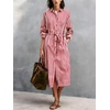 image:imagechouyatou Womens Boho Striped Belted Shirt Dress Button Down Long Sleeve Pleated Tunic Midi Long Dress with PocketsRed