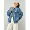 image:imagechouyatou Womens Contrast Trim Denim Jacket Boyfriend Collarless Button Down Distressed Denim JacketBlue
