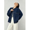 image:imagechouyatou Womens Contrast Trim Denim Jacket Boyfriend Collarless Button Down Distressed Denim JacketDark Blue