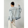 image:imagechouyatou Womens Contrast Trim Denim Jacket Boyfriend Collarless Button Down Distressed Denim JacketLight Blue