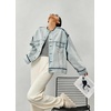 image:imagechouyatou Womens Contrast Trim Denim Jacket Boyfriend Collarless Button Down Distressed Denim JacketLight Blue