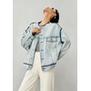image:imagechouyatou Womens Contrast Trim Denim Jacket Boyfriend Collarless Button Down Distressed Denim JacketLight Blue
