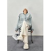 image:imagechouyatou Womens Contrast Trim Denim Jacket Boyfriend Collarless Button Down Distressed Denim JacketLight Blue