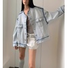 image:imagechouyatou Womens Contrast Trim Denim Jacket Boyfriend Collarless Button Down Distressed Denim JacketLight Blue
