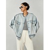image:imagechouyatou Womens Contrast Trim Denim Jacket Boyfriend Collarless Button Down Distressed Denim JacketLight Blue
