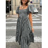 image:imagechouyatou Womens Retro Plaid Smocked Long Dress Puff Short Sleeve Flounce Swing Gingham Beach Party DressBlack