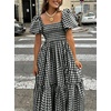 image:imagechouyatou Womens Retro Plaid Smocked Long Dress Puff Short Sleeve Flounce Swing Gingham Beach Party DressBlack