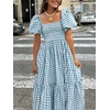 image:imagechouyatou Womens Retro Plaid Smocked Long Dress Puff Short Sleeve Flounce Swing Gingham Beach Party DressBlue