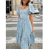 image:imagechouyatou Womens Retro Plaid Smocked Long Dress Puff Short Sleeve Flounce Swing Gingham Beach Party DressBlue