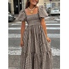 image:imagechouyatou Womens Retro Plaid Smocked Long Dress Puff Short Sleeve Flounce Swing Gingham Beach Party DressCoffee