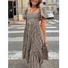 image:imagechouyatou Womens Retro Plaid Smocked Long Dress Puff Short Sleeve Flounce Swing Gingham Beach Party DressCoffee