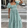 image:imagechouyatou Womens Retro Plaid Smocked Long Dress Puff Short Sleeve Flounce Swing Gingham Beach Party DressGreen
