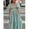image:imagechouyatou Womens Retro Plaid Smocked Long Dress Puff Short Sleeve Flounce Swing Gingham Beach Party DressGreen
