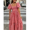 image:imagechouyatou Womens Retro Plaid Smocked Long Dress Puff Short Sleeve Flounce Swing Gingham Beach Party DressRed