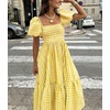 image:imagechouyatou Womens Retro Plaid Smocked Long Dress Puff Short Sleeve Flounce Swing Gingham Beach Party DressYellow