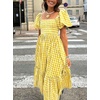 image:imagechouyatou Womens Retro Plaid Smocked Long Dress Puff Short Sleeve Flounce Swing Gingham Beach Party DressYellow