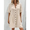image:imagechouyatou Womens Summer Cotton Button Front Shirt Dresses Casual Babydoll Cute Lapel A Line Midi DressBeige