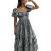 image:imagechouyatou Womens Retro Plaid Smocked Long Dress Puff Short Sleeve Flounce Swing Gingham Beach Party DressBlack