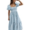 image:imagechouyatou Womens Retro Plaid Smocked Long Dress Puff Short Sleeve Flounce Swing Gingham Beach Party DressBlue