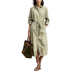 image:imagechouyatou Womens Boho Striped Belted Shirt Dress Button Down Long Sleeve Pleated Tunic Midi Long Dress with PocketsArmy Green