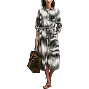 image:imagechouyatou Womens Boho Striped Belted Shirt Dress Button Down Long Sleeve Pleated Tunic Midi Long Dress with PocketsBlack