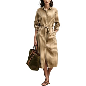 image:imagechouyatou Womens Boho Striped Belted Shirt Dress Button Down Long Sleeve Pleated Tunic Midi Long Dress with PocketsKhaki