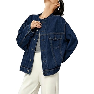 image:imagechouyatou Womens Contrast Trim Denim Jacket Boyfriend Collarless Button Down Distressed Denim JacketDark Blue
