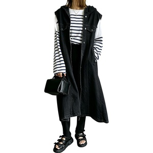 image:imagechouyatou Womens Denim Hoodie Vest Sleeveless Maxi Jean Jacket CoatBlack