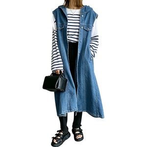 image:imagechouyatou Womens Denim Hoodie Vest Sleeveless Maxi Jean Jacket CoatBlue