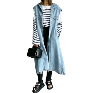 image:imagechouyatou Womens Denim Hoodie Vest Sleeveless Maxi Jean Jacket CoatLight Blue
